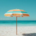 umbrella, beach, nature, summer, sand, teal, orange, sunny