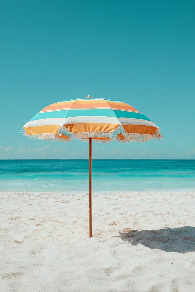 umbrella, beach, nature, summer, sand, teal, orange, sunny